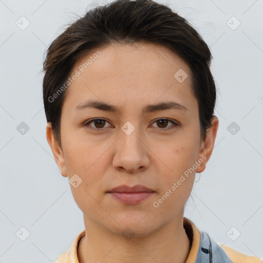 Neutral white young-adult female with short  brown hair and brown eyes