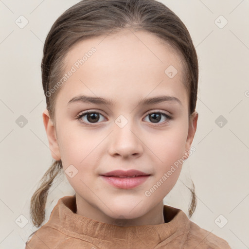 Joyful white child female with medium  brown hair and brown eyes