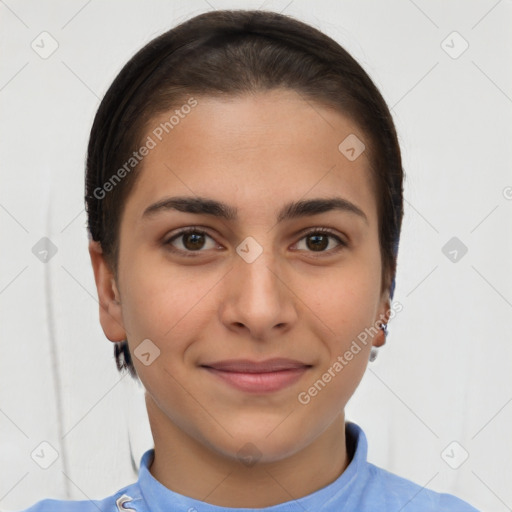 Joyful white young-adult female with short  brown hair and brown eyes