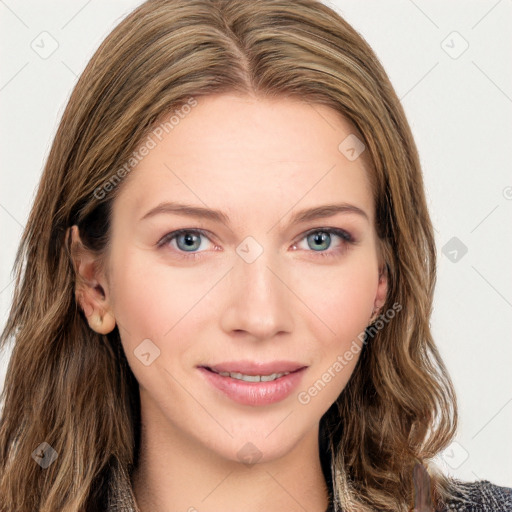 Joyful white young-adult female with long  brown hair and blue eyes