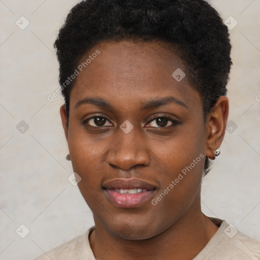 Neutral black young-adult female with short  brown hair and brown eyes