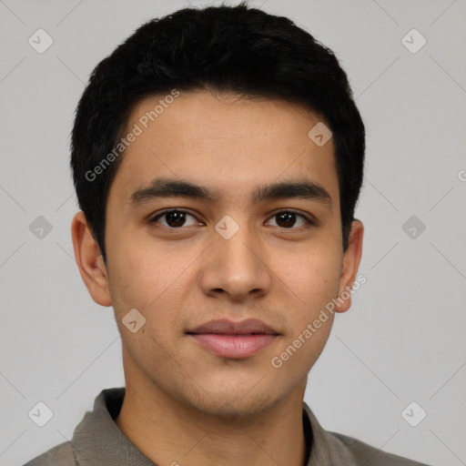 Neutral latino young-adult male with short  black hair and brown eyes