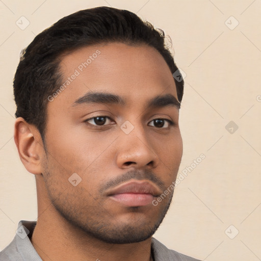 Neutral latino young-adult male with short  brown hair and brown eyes