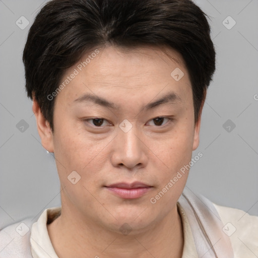 Neutral asian young-adult female with short  brown hair and brown eyes