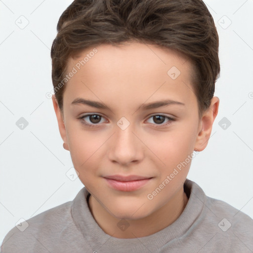 Joyful white child female with short  brown hair and brown eyes