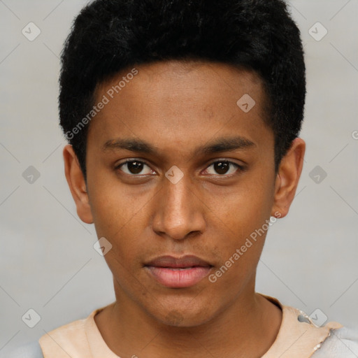Neutral black young-adult male with short  black hair and brown eyes