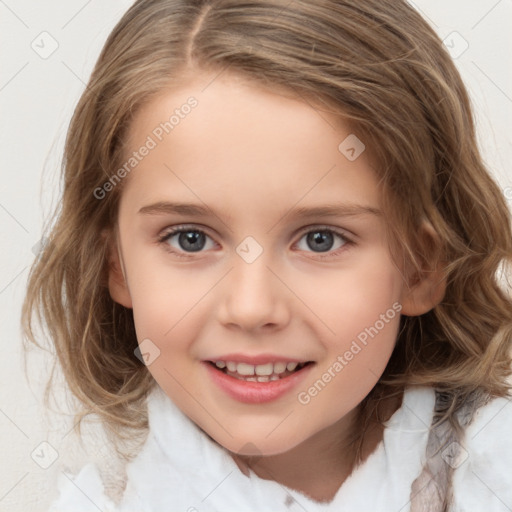 Joyful white child female with medium  brown hair and brown eyes