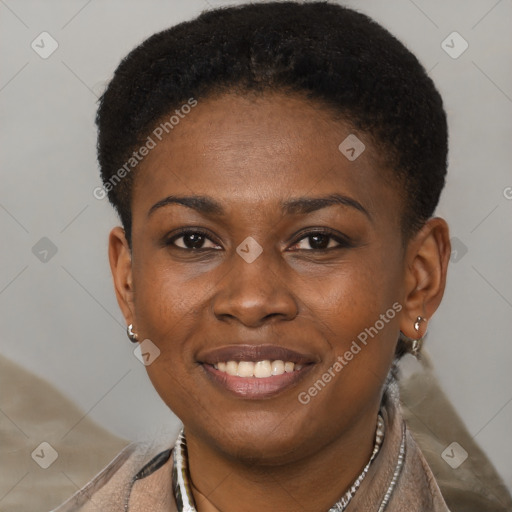 Joyful black young-adult female with short  brown hair and brown eyes
