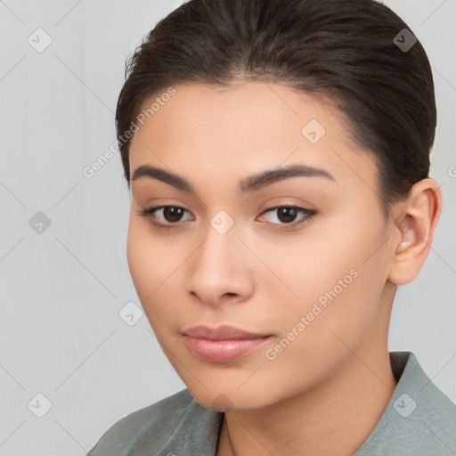 Neutral white young-adult female with short  brown hair and brown eyes