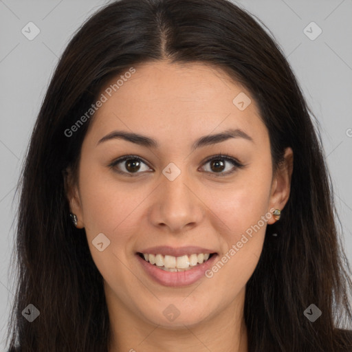 Joyful white young-adult female with long  brown hair and brown eyes