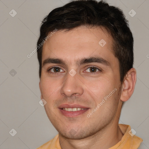 Joyful white young-adult male with short  brown hair and brown eyes