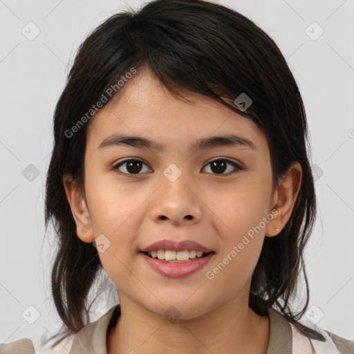 Joyful white child female with medium  brown hair and brown eyes