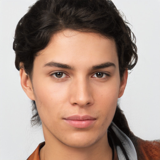 Neutral white young-adult female with short  brown hair and brown eyes