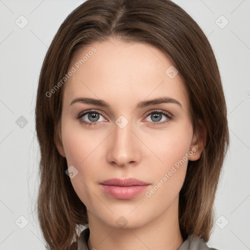 Neutral white young-adult female with medium  brown hair and grey eyes