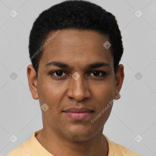 Joyful latino young-adult male with short  brown hair and brown eyes