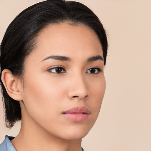 Neutral asian young-adult female with medium  brown hair and brown eyes