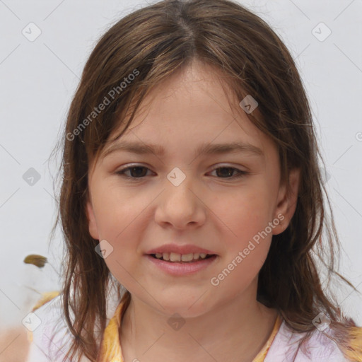 Joyful white child female with medium  brown hair and brown eyes