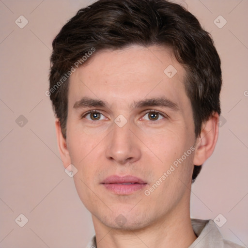 Neutral white young-adult male with short  brown hair and brown eyes