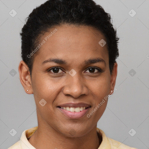 Joyful latino young-adult female with short  brown hair and brown eyes