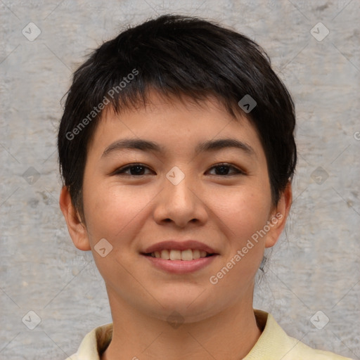 Joyful asian young-adult female with short  brown hair and brown eyes