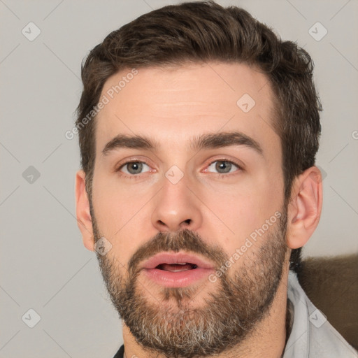 Neutral white young-adult male with short  brown hair and brown eyes