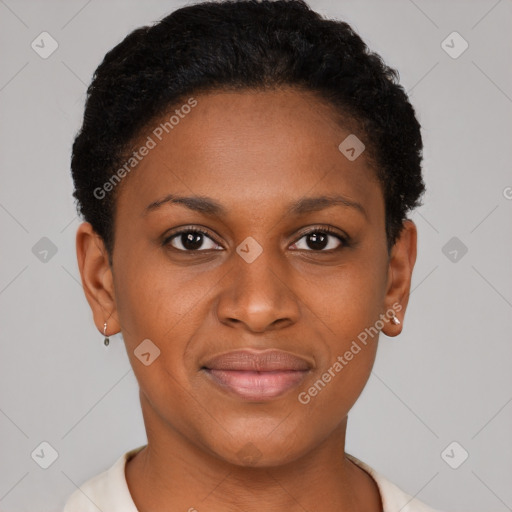 Joyful black young-adult female with short  brown hair and brown eyes