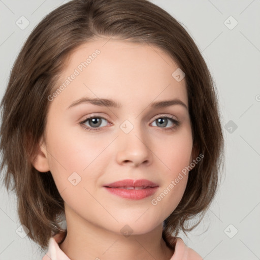 Neutral white young-adult female with medium  brown hair and brown eyes