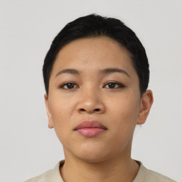 Neutral asian young-adult female with short  black hair and brown eyes