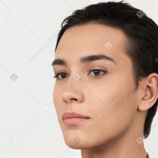 Neutral white young-adult female with short  brown hair and brown eyes