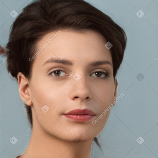 Neutral white young-adult female with short  brown hair and brown eyes