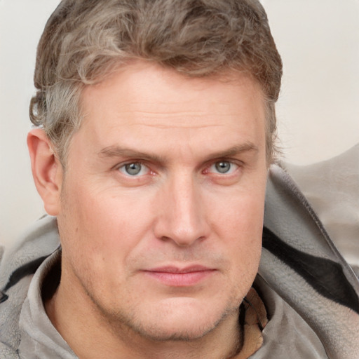 Joyful white adult male with short  brown hair and blue eyes