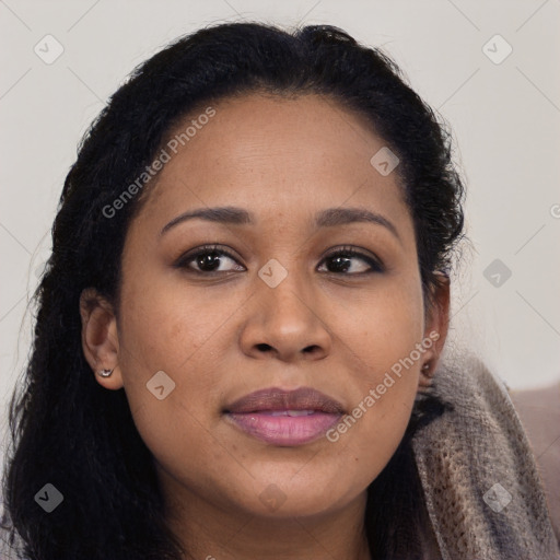 Joyful black young-adult female with long  brown hair and brown eyes