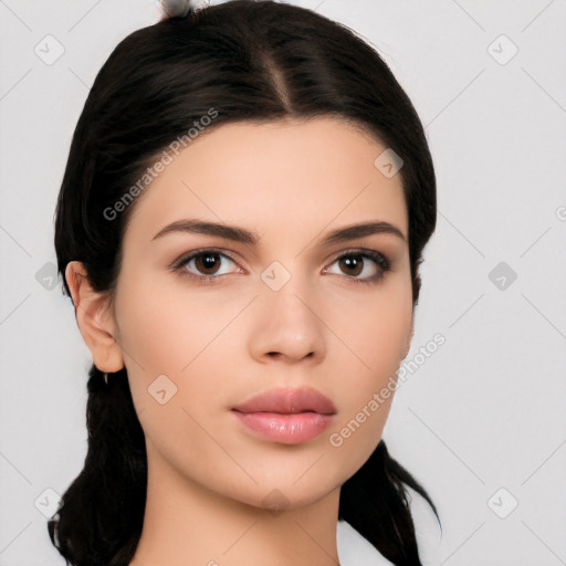 Neutral white young-adult female with medium  black hair and brown eyes