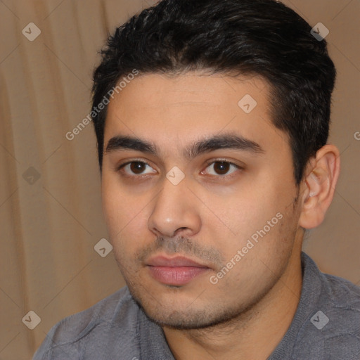 Neutral white young-adult male with short  black hair and brown eyes