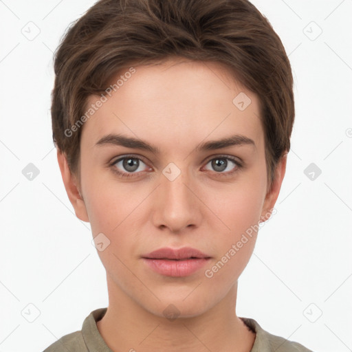 Neutral white young-adult female with short  brown hair and brown eyes