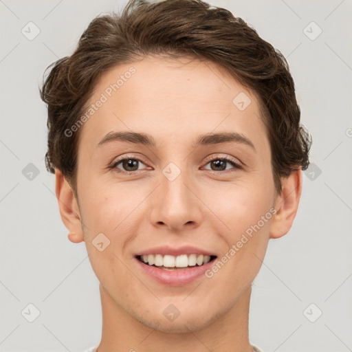 Joyful white young-adult female with short  brown hair and brown eyes