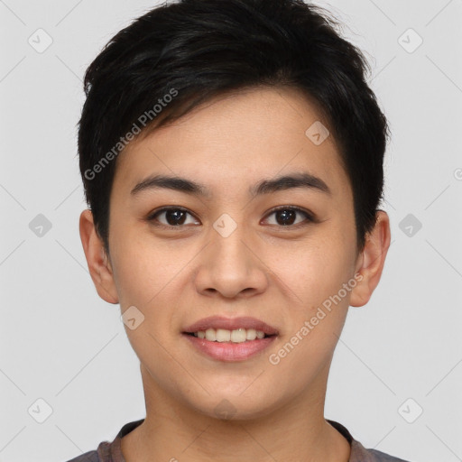 Joyful asian young-adult female with short  black hair and brown eyes