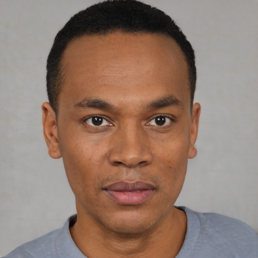 Joyful black young-adult male with short  black hair and brown eyes