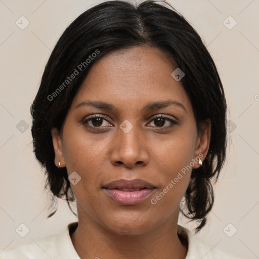 Joyful asian young-adult female with medium  brown hair and brown eyes