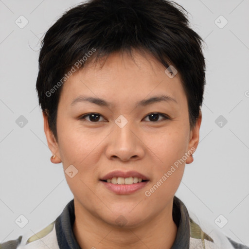 Joyful asian young-adult female with short  brown hair and brown eyes