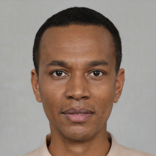 Neutral black young-adult male with short  black hair and brown eyes