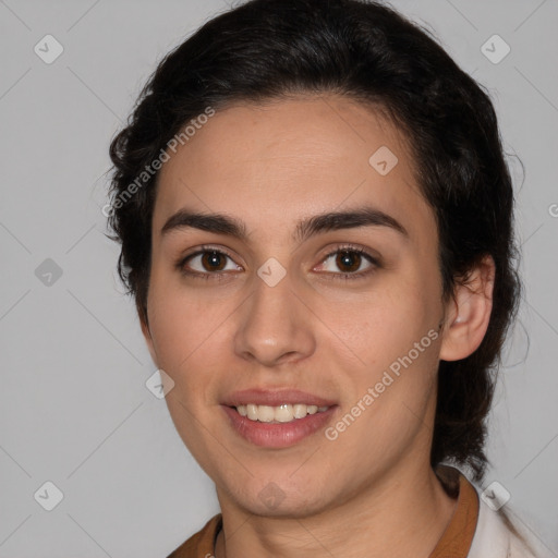 Joyful white young-adult female with medium  brown hair and brown eyes