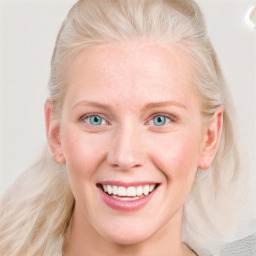 Joyful white young-adult female with medium  blond hair and blue eyes