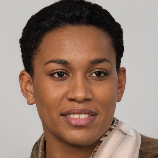 Joyful black young-adult female with short  brown hair and brown eyes