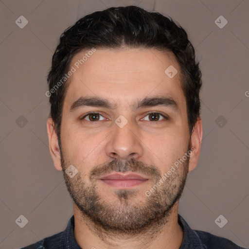 Neutral white young-adult male with short  brown hair and brown eyes