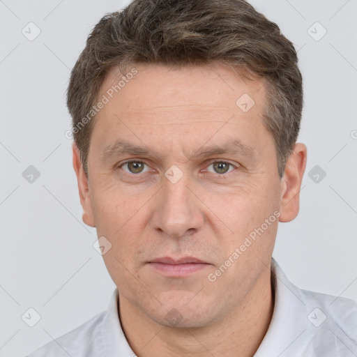 Neutral white adult male with short  brown hair and brown eyes