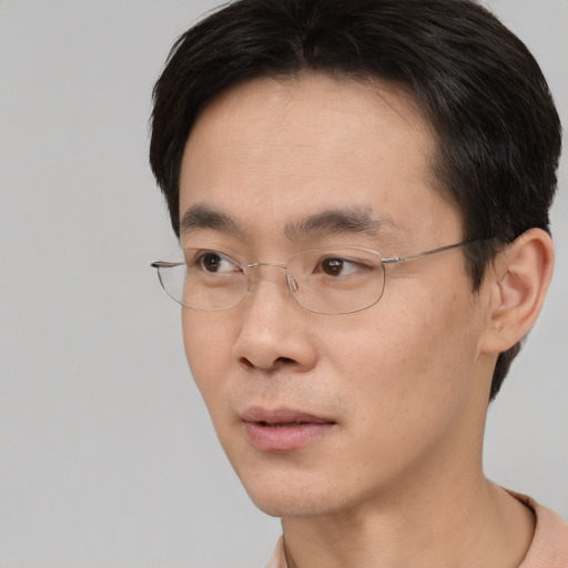Neutral asian adult male with short  black hair and brown eyes