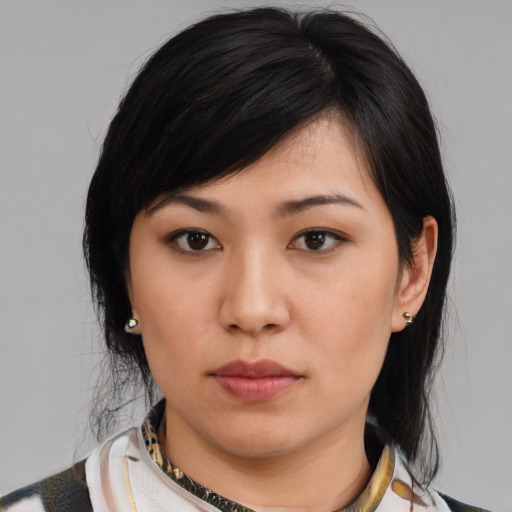 Neutral asian young-adult female with medium  black hair and brown eyes