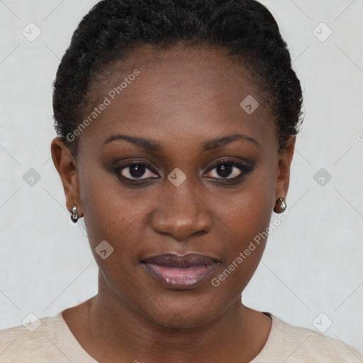 Joyful black young-adult female with short  brown hair and brown eyes