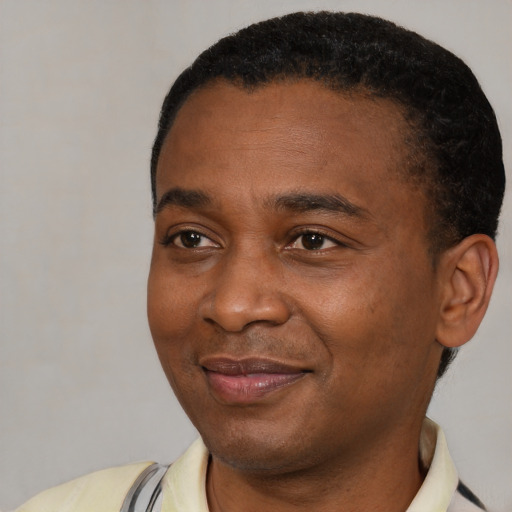Joyful black young-adult male with short  brown hair and brown eyes